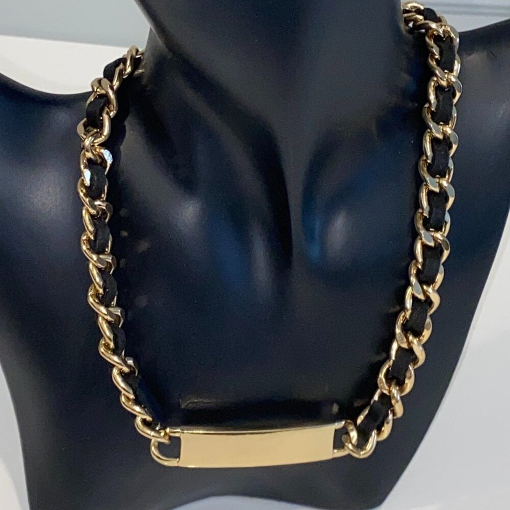 Gold Tone Chain and Black Leather Weave Necklace Blank Nameplate Tag Goth Prom